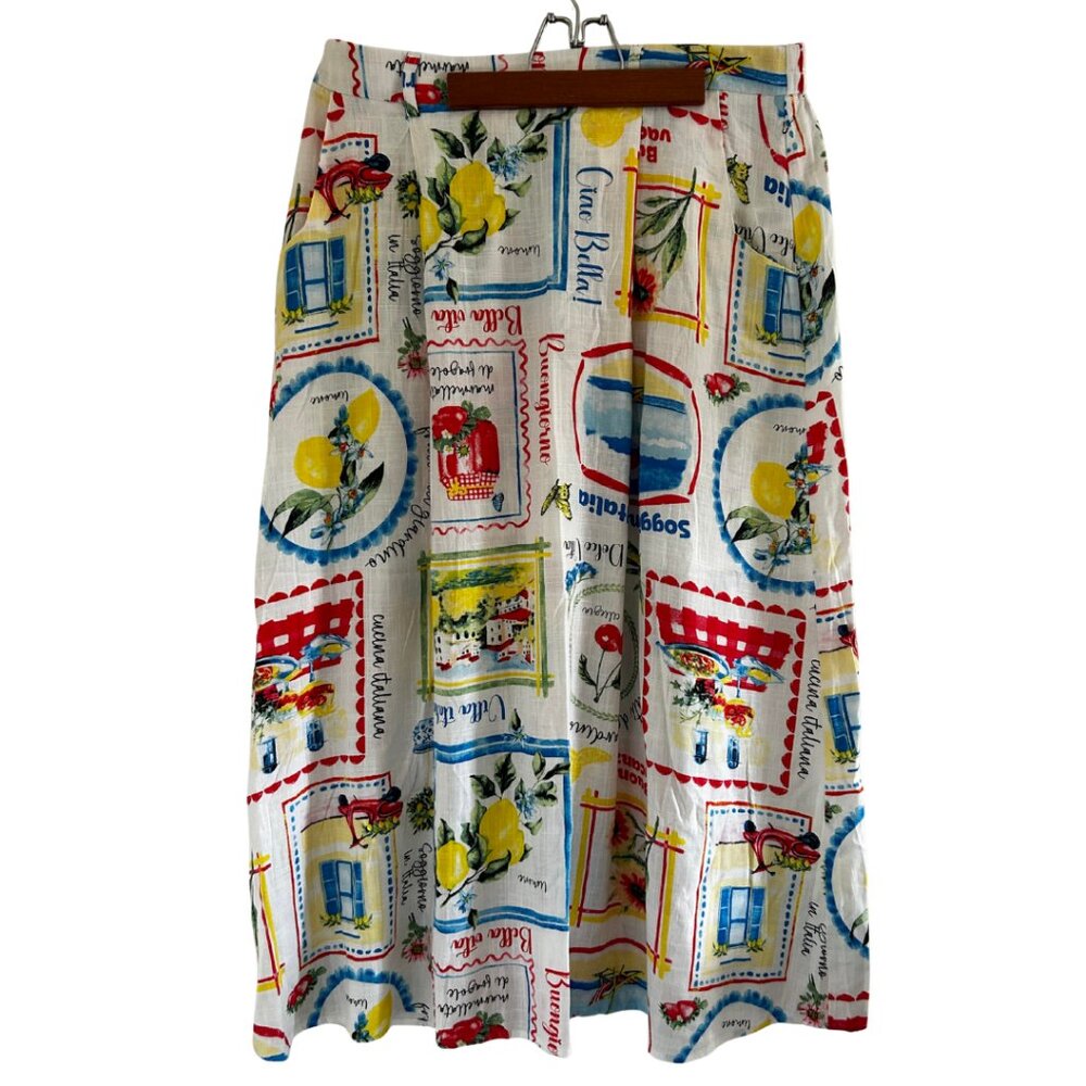 NWOT Haver & Blair London Linen Rayon White Italian Print Maxi Skirt Large